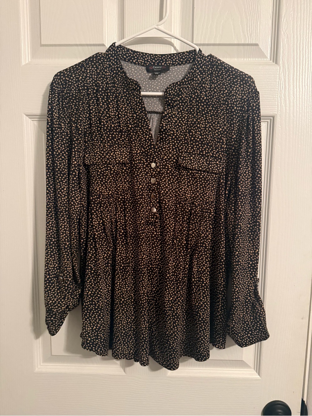 Cocomo Petite Black Blouse with Tan Dot Pattern